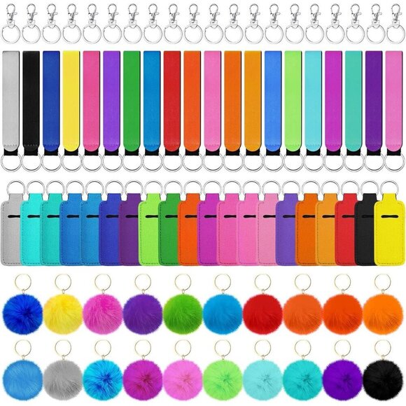 Yisong 40/60/ 80 Pack Lipstick Holder Keychains Bulk  Lipstick Holder Pouch Keychains Set Bulk 20 Colorful Lip Balm & Poms